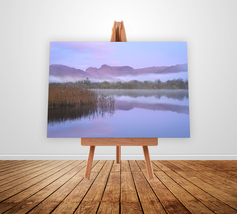 photography canvas prints of a misty autumn sunrise with the Langdale Pikes reflecting in Elterwater, Lake District.