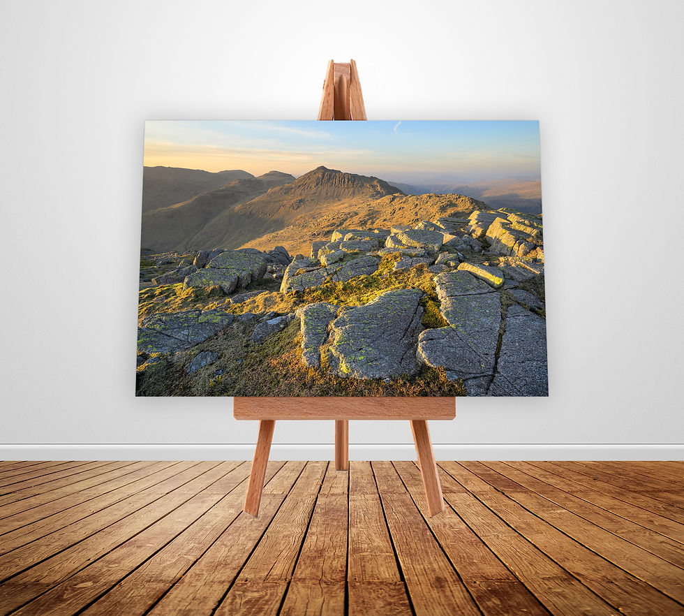 photography canvas prints of a beautiful spring evening from up Crinkle Crags, looking towards Bowfell in The Lake District.