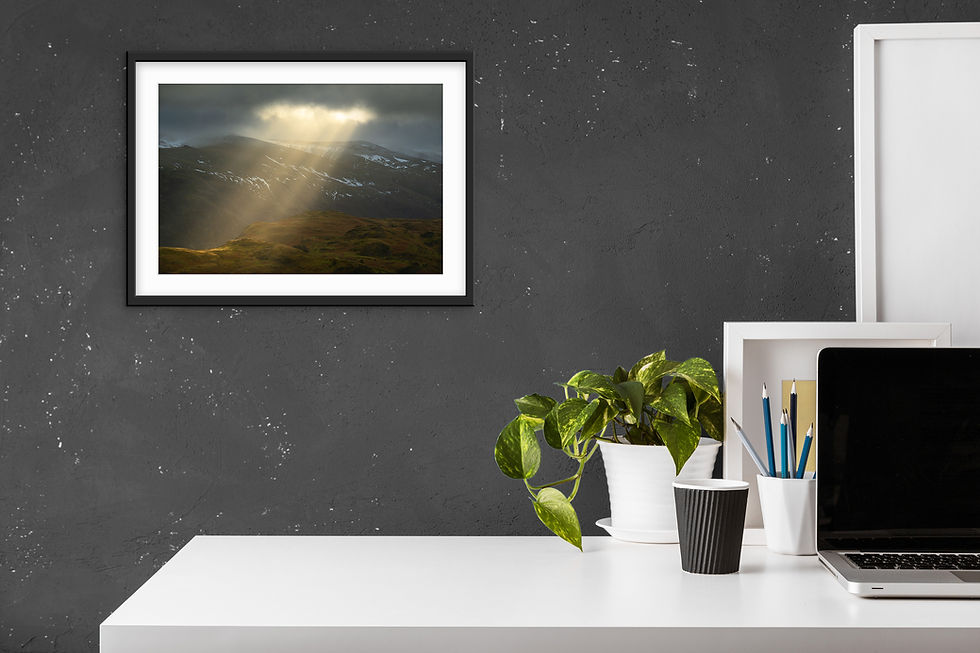 Thumbnail: photography prints of dramatic sunrays bursting through the sky looking towards Helvellyn mountain range in Lake District.