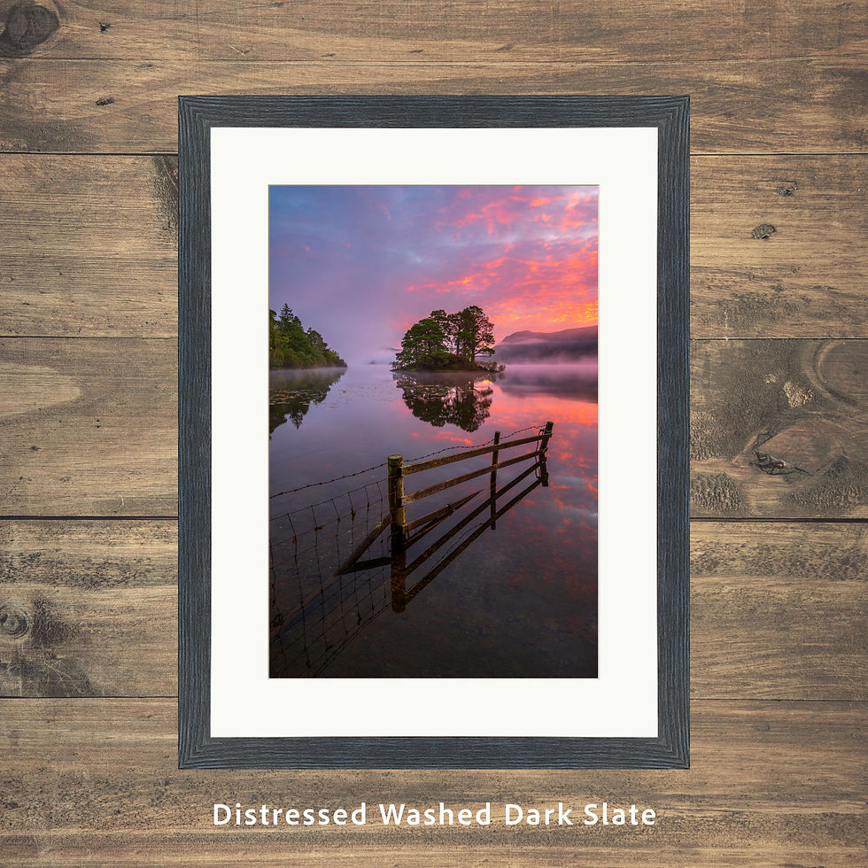 Framed photography picture prints of a beautiful calm summer sunrise at Otter Island, Derwentwater, Lake District, UK.