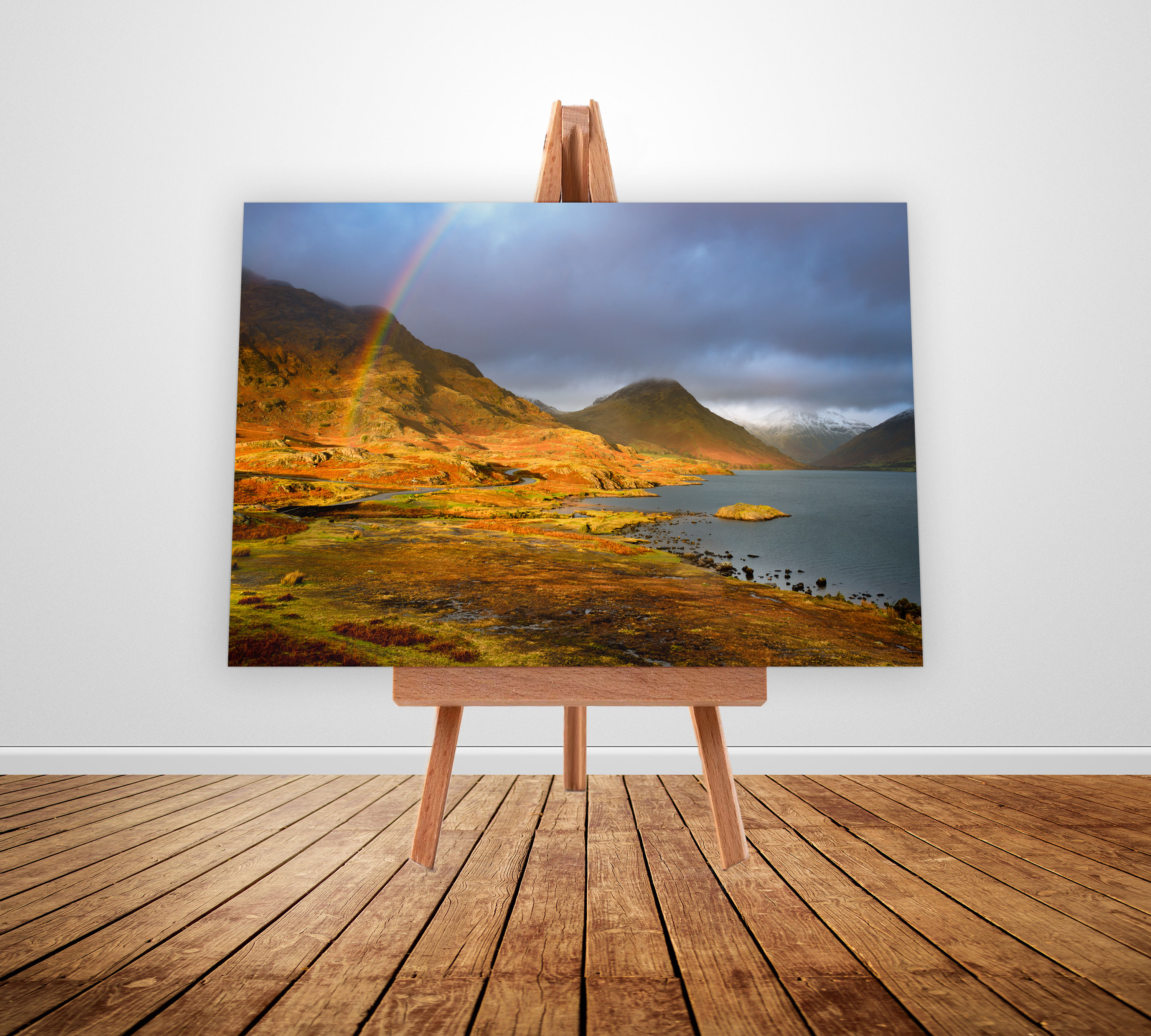 Stunning photography canvas prints of a rainbow over a dramatic view of Wastwater in The Lake District, UK.