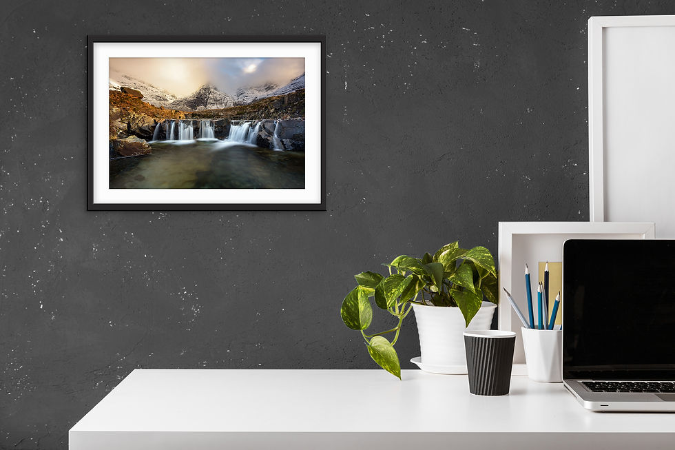 Thumbnail: Photography prints of a Winter scene at The Fairy Pools waterfalls on The Isle of Skye, Scotland, UK.