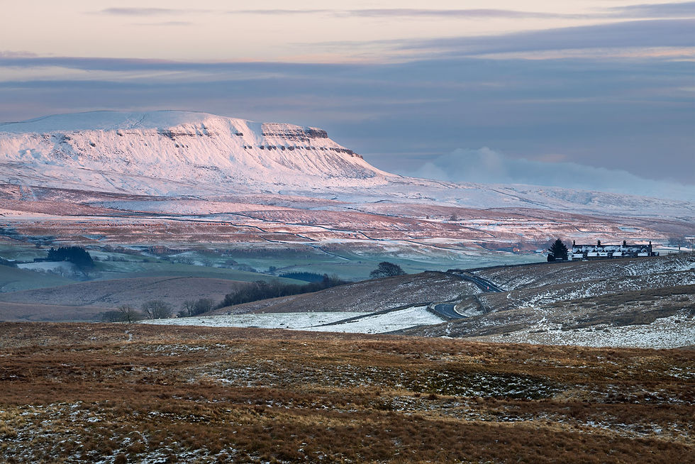 Thumbnail: A spectacular view of Pen Y Ghent covered in snow and pink sunlight on a beautiful winter evening in The Yorkshire Dales.
