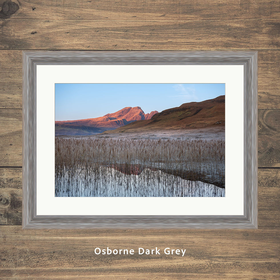 Thumbnail: Framed photography prints of an autumn dawn with morning light on Blaven seen from Loch Cill Chriosd, Skye, Scotland, UK.