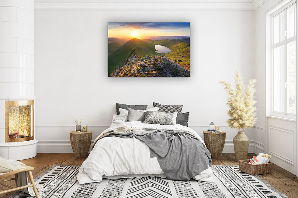 Thumbnail: Golden morning sunlight moments after sunrise overlooking Swirral Edge and Red Tarn, Helvellyn, Lake District mountains.