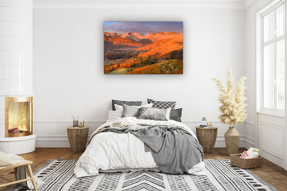 Thumbnail: Golden morning light at sunrise on the Langdale Pikes from Loughrigg Fell, overlooking Chapel Stile in The Lake District.