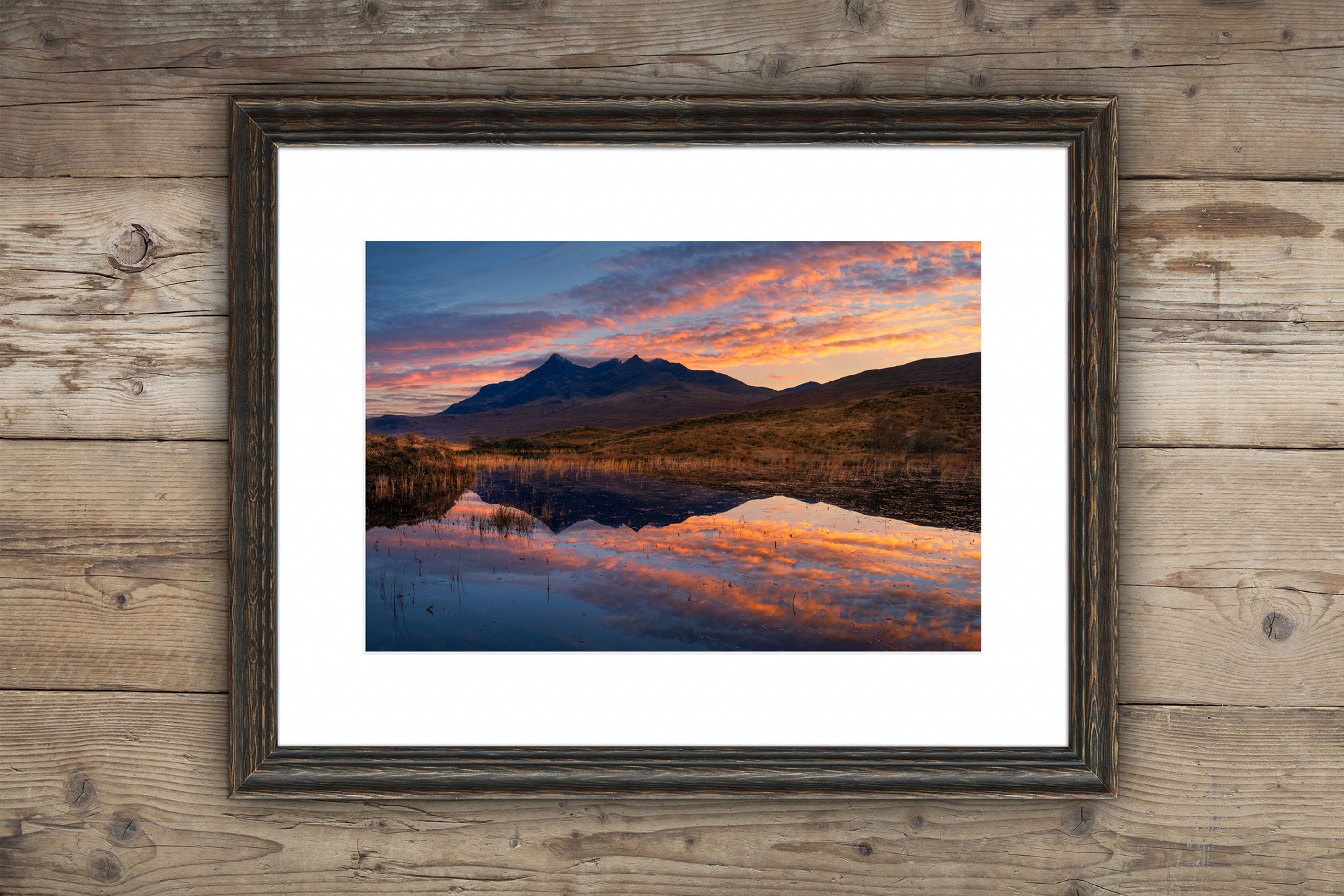 Framed photography prints of a sunset looking towards The Cuillins at Loch Nan Eilean, near Sligachan, Isle of Skye, UK.
