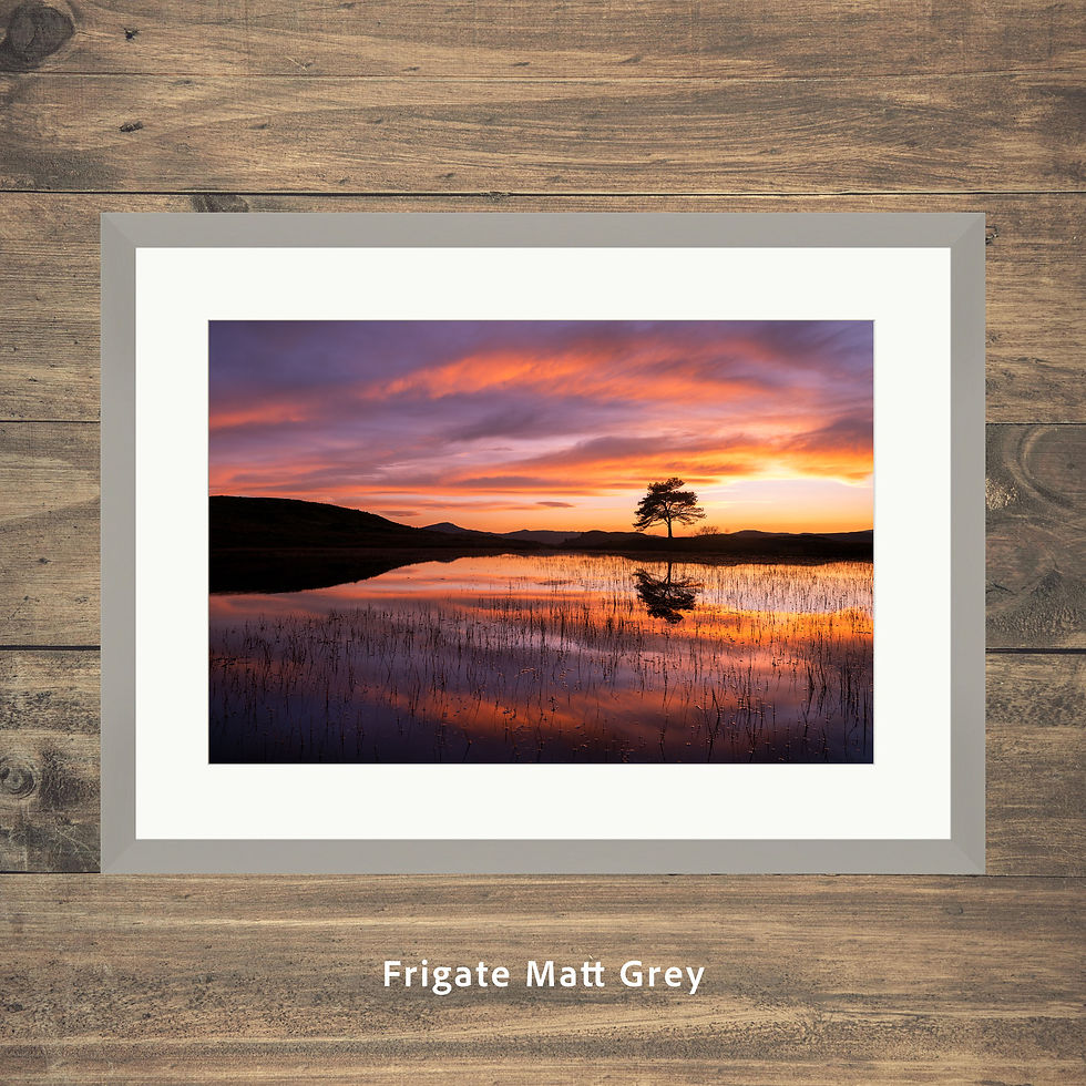 Thumbnail: Framed photography prints of a dramatic sunset with lone tree at Kelly Hall Tarn, Coniston, Lake District, UK.