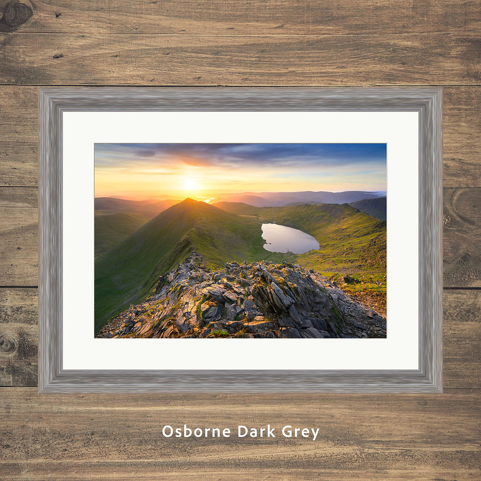 Thumbnail: Golden morning sunlight moments after sunrise overlooking Swirral Edge and Red Tarn, Helvellyn, Lake District mountains.
