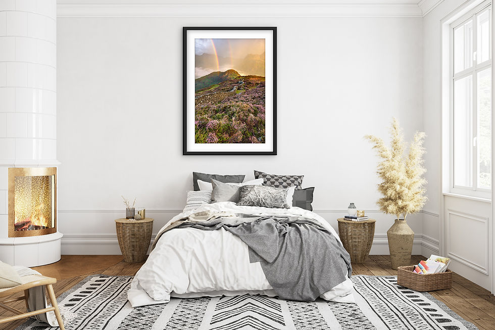Thumbnail: Photography prints of a beautiful rainbow on a misty morning up Lingmoor Fell in The Lake District, UK.