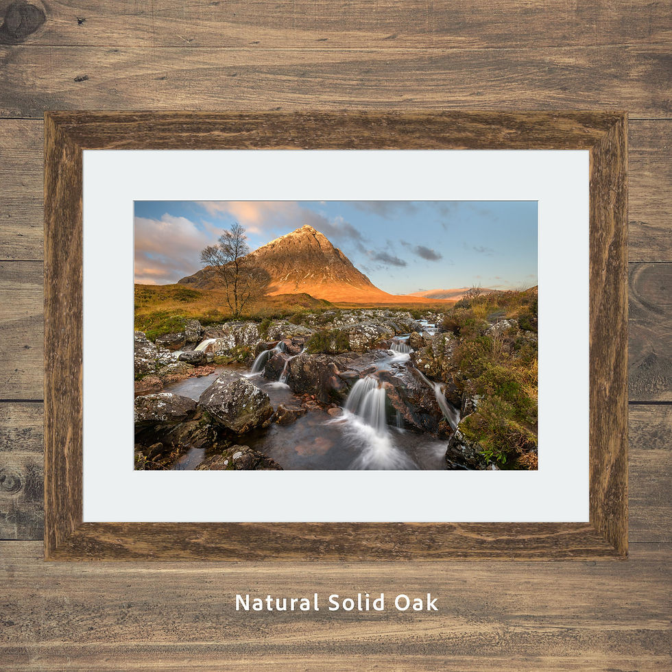 Thumbnail: Framed photography prints of the Glen Etive waterfall on autumn morning with The Buachaille in Glencoe, Scottish highlands
