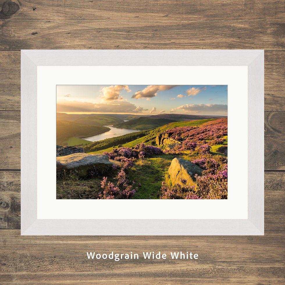 Thumbnail: Framed photography prints of a summer evening with pink heather up Bamford Edge with views of Ladybower Reservoir.