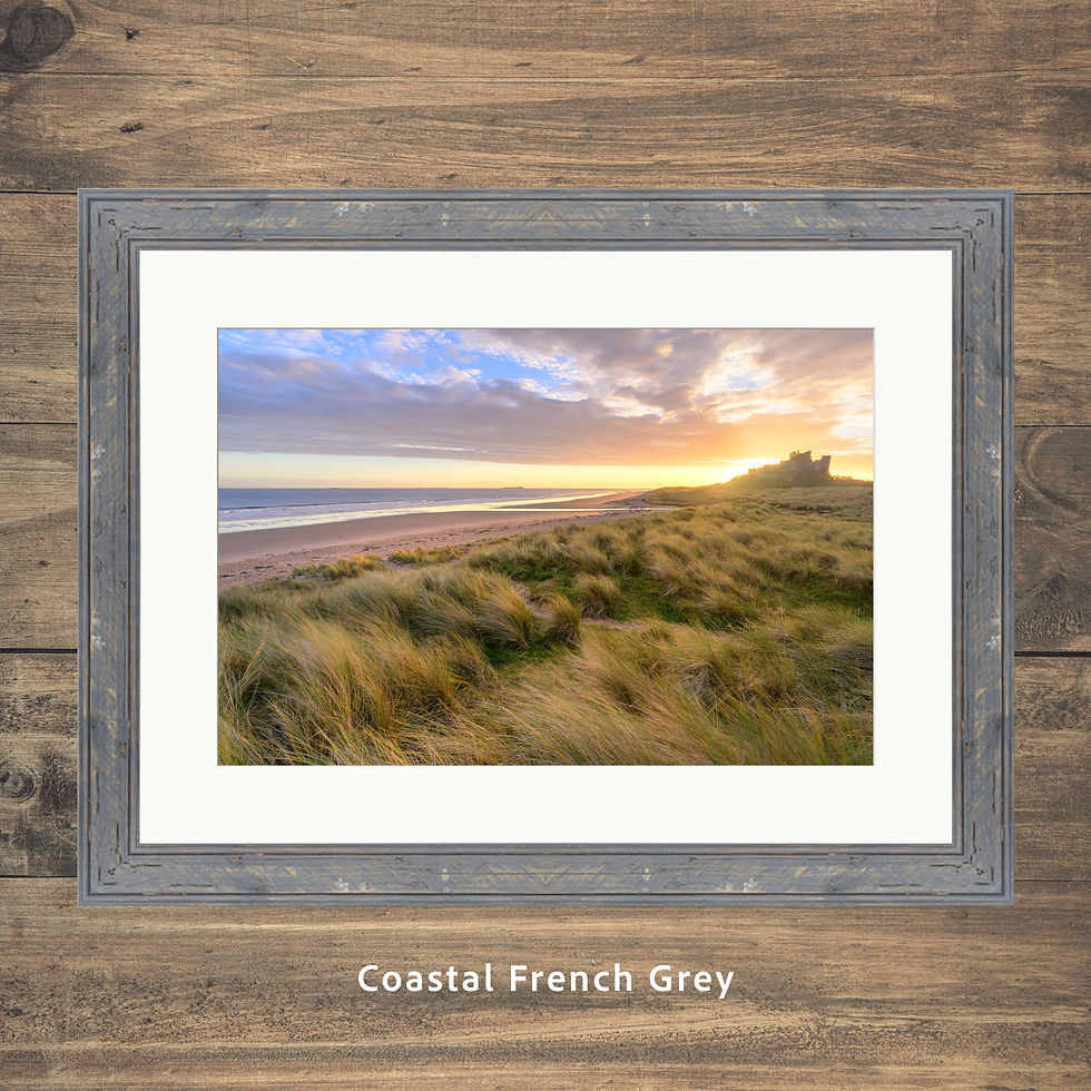 Thumbnail: Framed photography picture prints of a calm sunny morning with beach dunes at Bamburgh Castle, Northumberland, UK.
