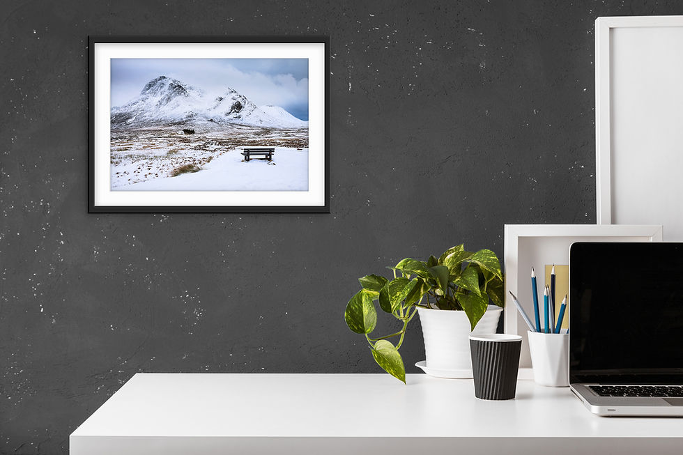 Thumbnail: Beautiful photography prints of a black bench overlooking a snow covered Buachaille Etive Mor & The Lagangarbh Hut in Glencoe