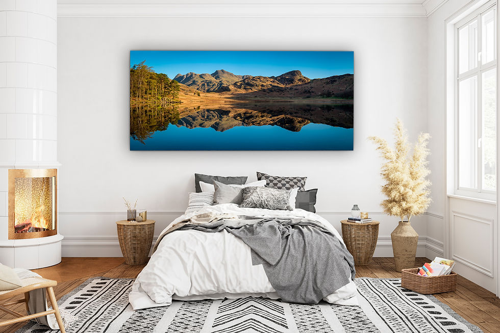 Thumbnail: Panoramic photography canvas prints of a still morning at Blea Tarn in The Lake District, UK.
