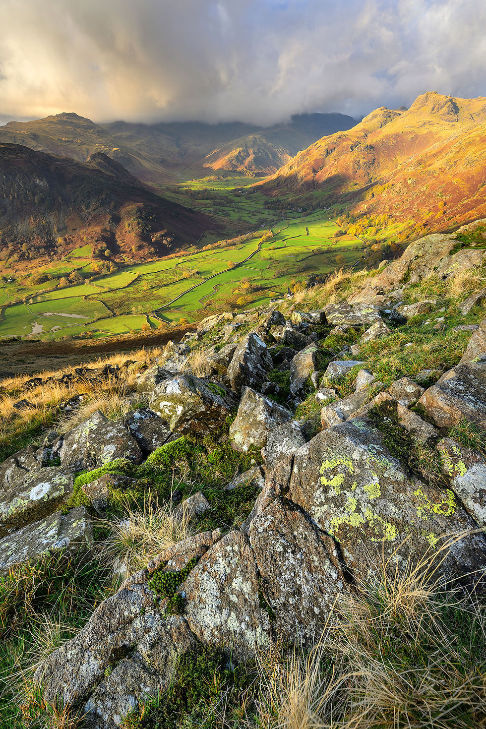 Photography prints of a dramatic view of The Langdale Valley seen from Silver How on an autumn morning in the Lake District.