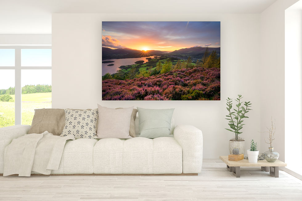 Thumbnail: beautiful summer sunset above Derwentwater with vibrant blooms of purple heather on Walla Crag in The Lake District, UK.