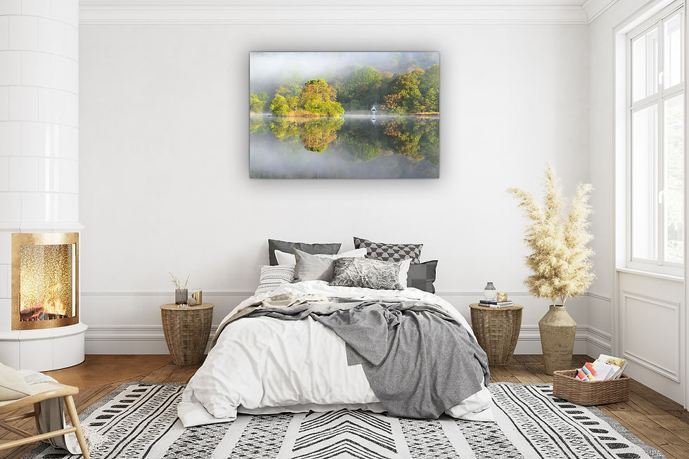 Thumbnail: Photography canvas prints of a beautiful misty autumn morning at the Rydal Water boathouse in The Lake District, UK.