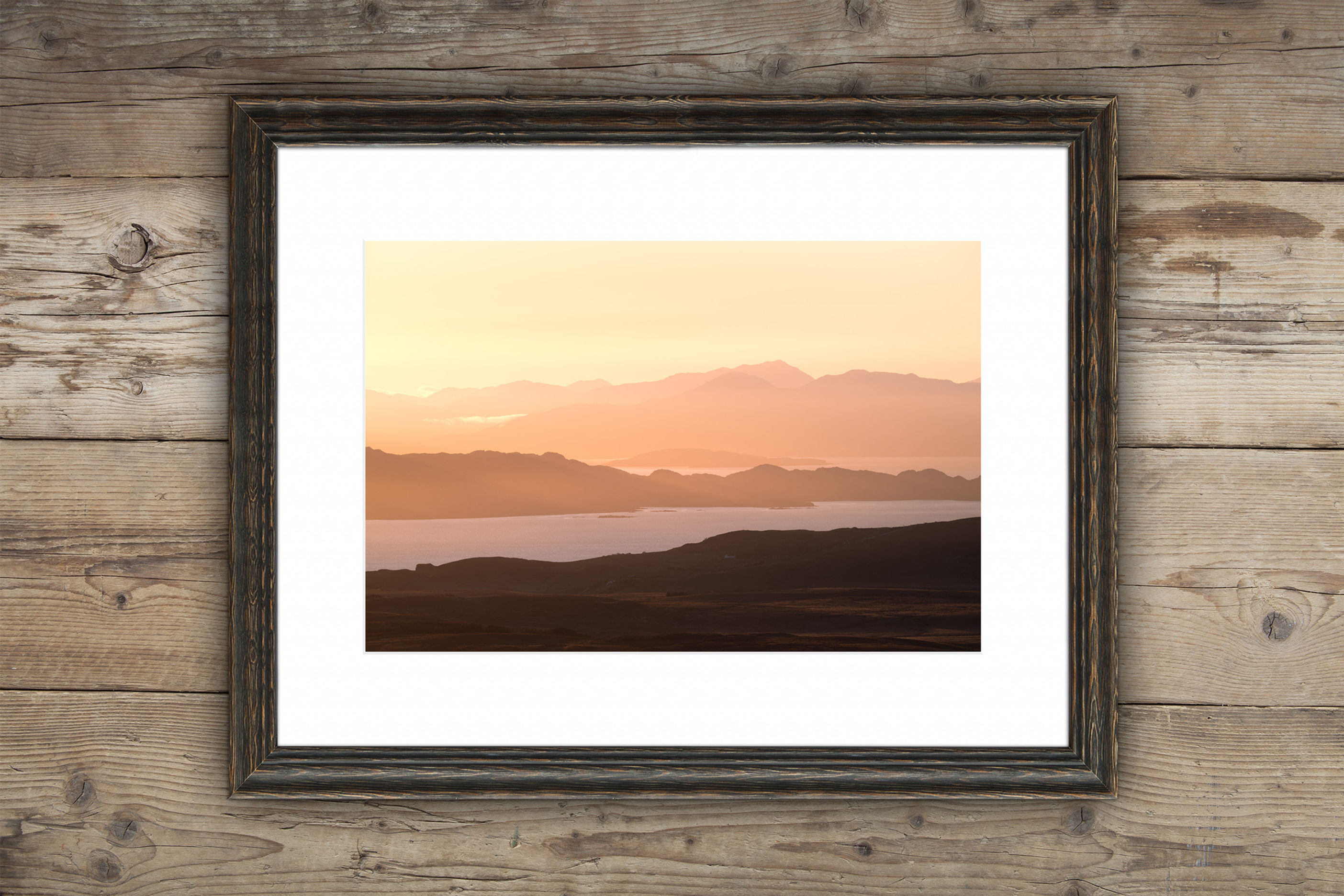 Framed photography prints of a view over towards the mountains on The Scottish Mainland, seen from The Isle of Skye, Scotland