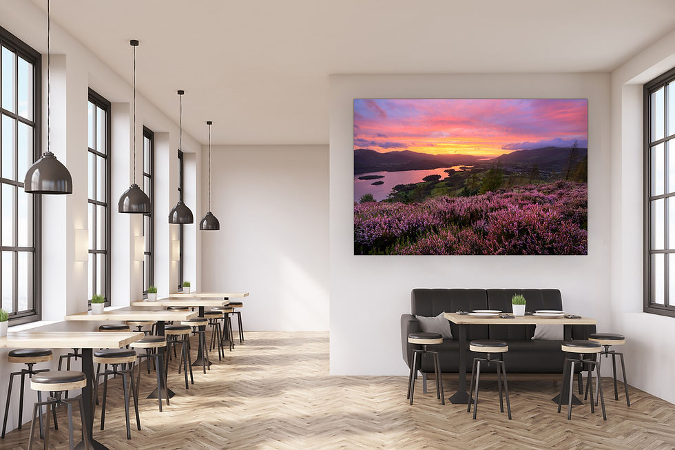 Thumbnail: Vibrant photography canvas prints of a summer sunset up Walla Crag, overlooking Derwentwater and Keswick in The Lake District