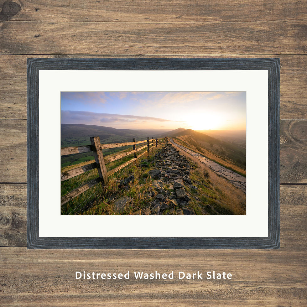 Thumbnail: Framed photography prints of a beautiful golden summer sunrise at Mam Tor in The Peak District, UK.