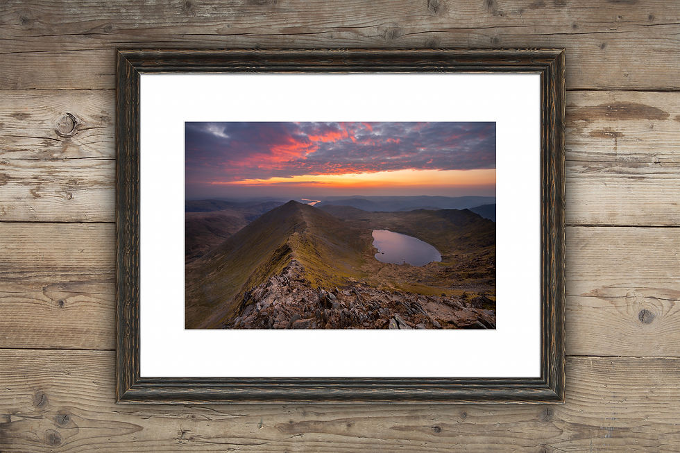 Framed photography prints of a colourful winter sunrise seen from Swirral Edge, Helvellyn, Lake District, UK.