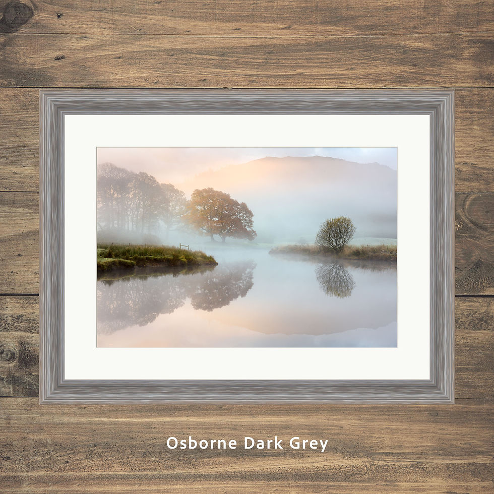 Thumbnail: Framed photography pictures prints of a misty morning at The River Brathay near Elterwater in The Lake District, UK.
