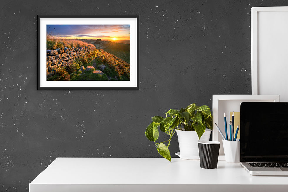 Thumbnail: Beautiful photography prints of a fiery golden sunrise seen from Cuddy's Crags, overlooking Hadrians Wall in Northumberland.