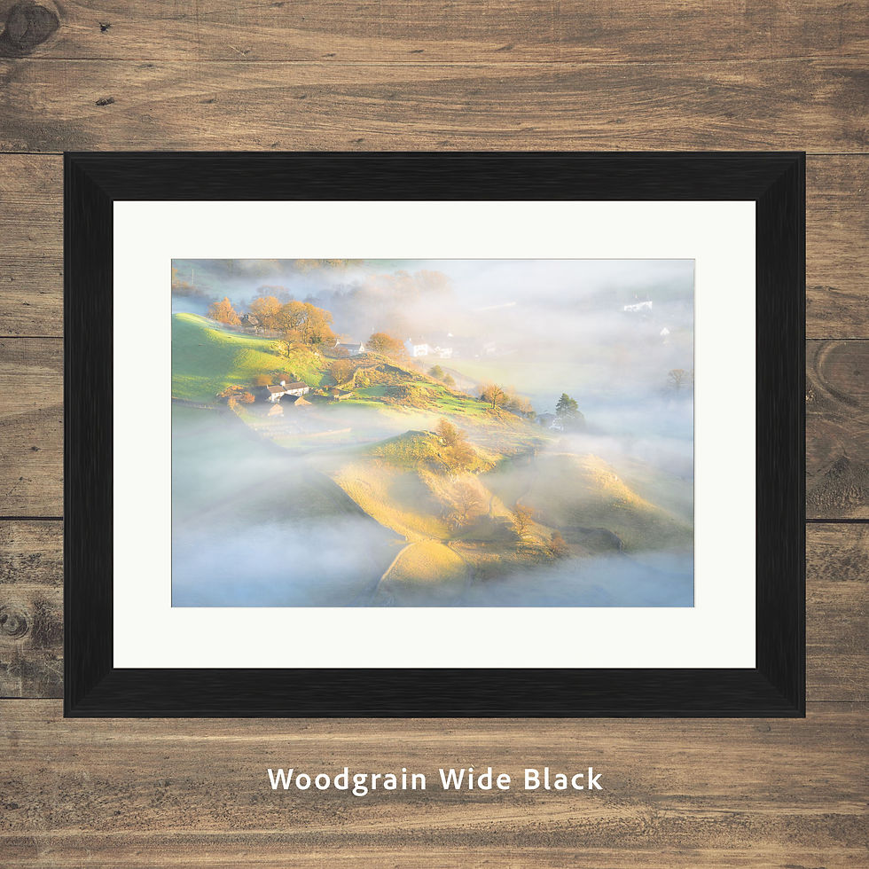 Thumbnail: Framed photography prints of a misty Little Langdale with white cottages in The Lake District, UK.