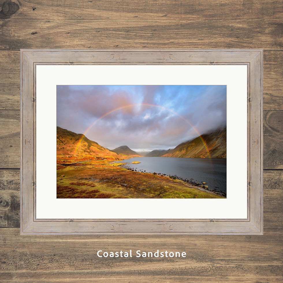 Thumbnail: Framed photography prints of a beautiful full rainbow over Wastwater in The Lake District, UK.