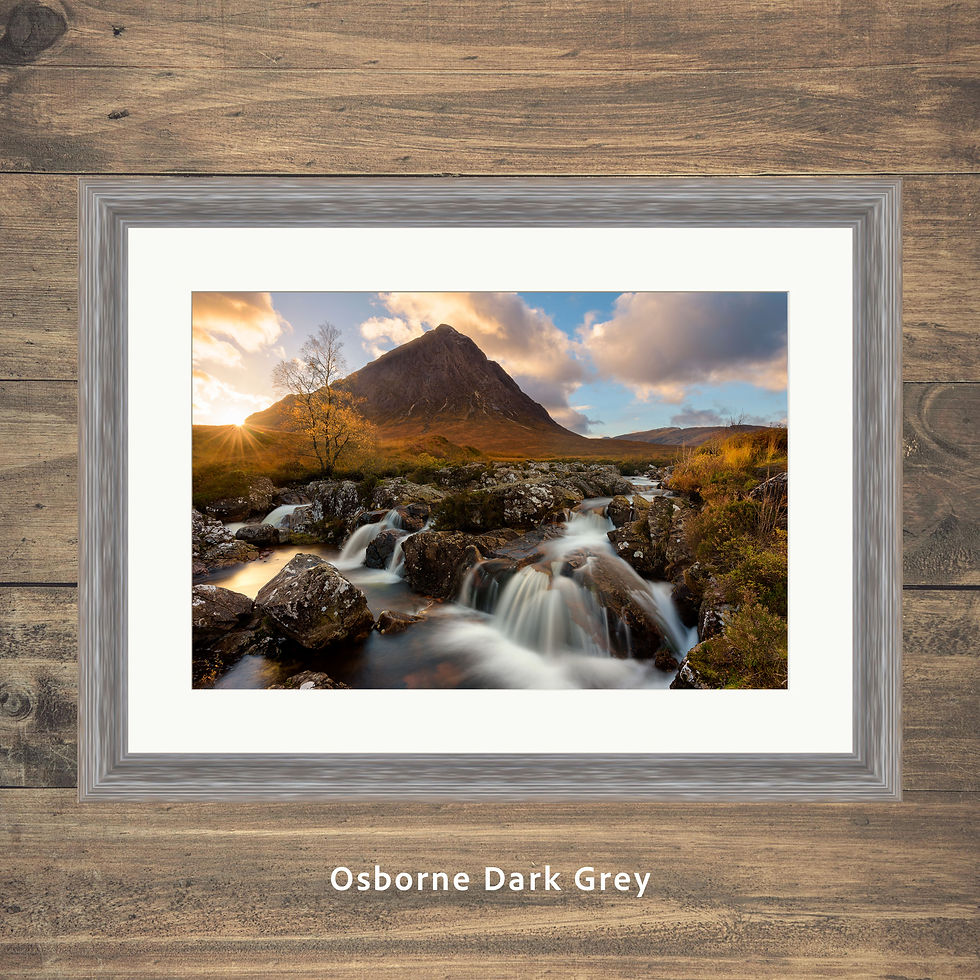 Thumbnail: Framed photography prints of the Glen Etive waterfall with views of The Buachaille in Glencoe, Scottish highlands, UK.