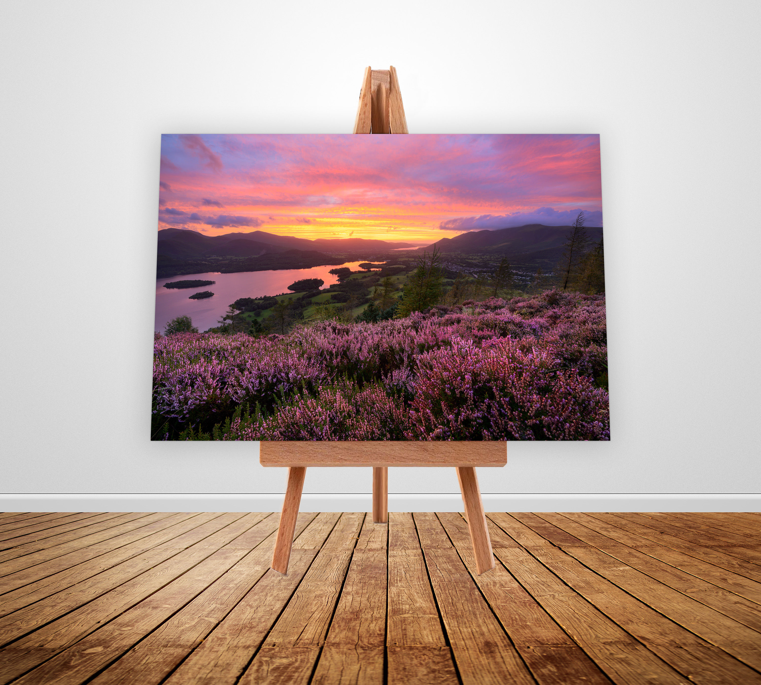 Vibrant photography canvas prints of a summer sunset up Walla Crag, overlooking Derwentwater and Keswick in The Lake District