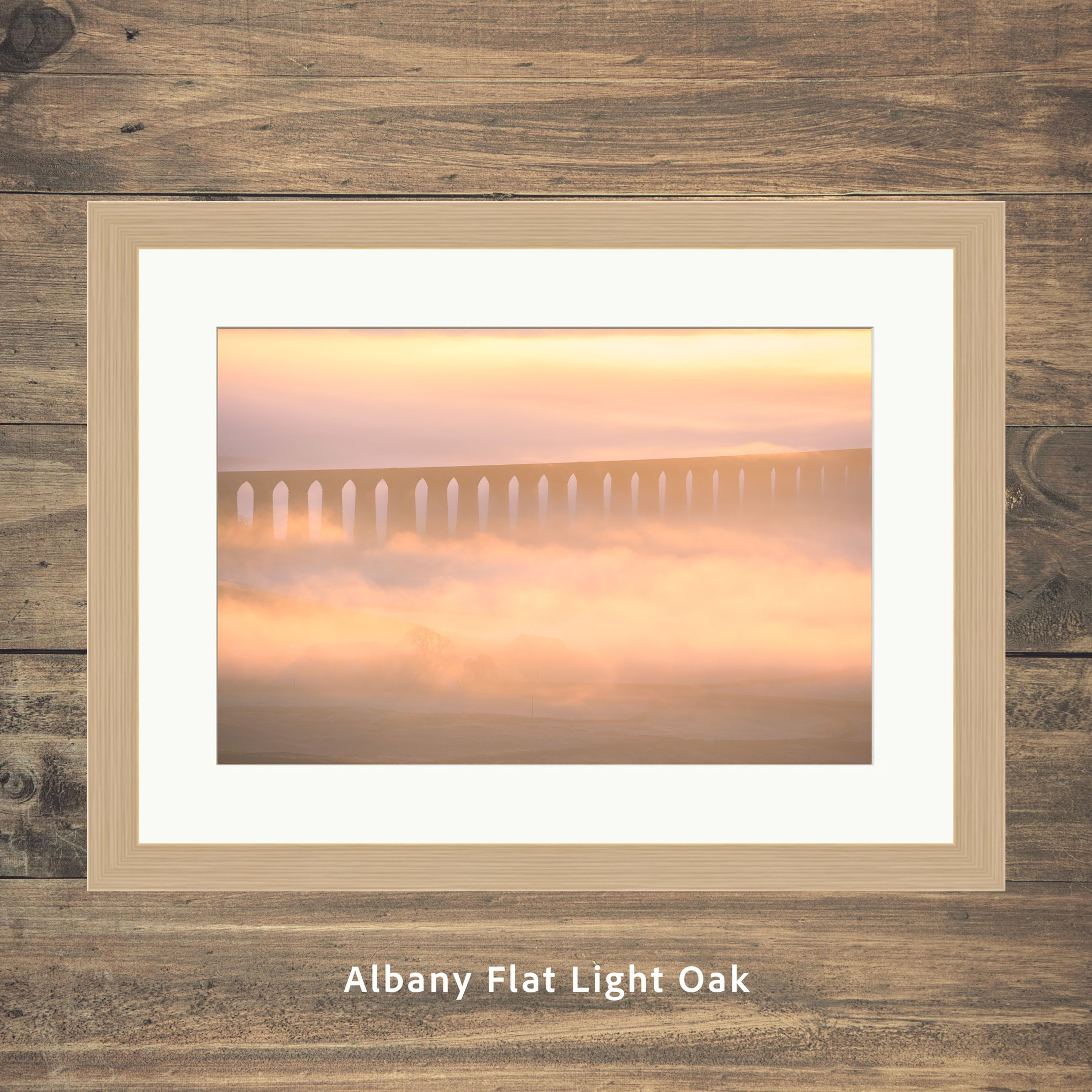 Framed photography prints of a dreamy misty Ribblehead Viaduct seen from Whernside in The Yorkshire Dales National Park, UK.