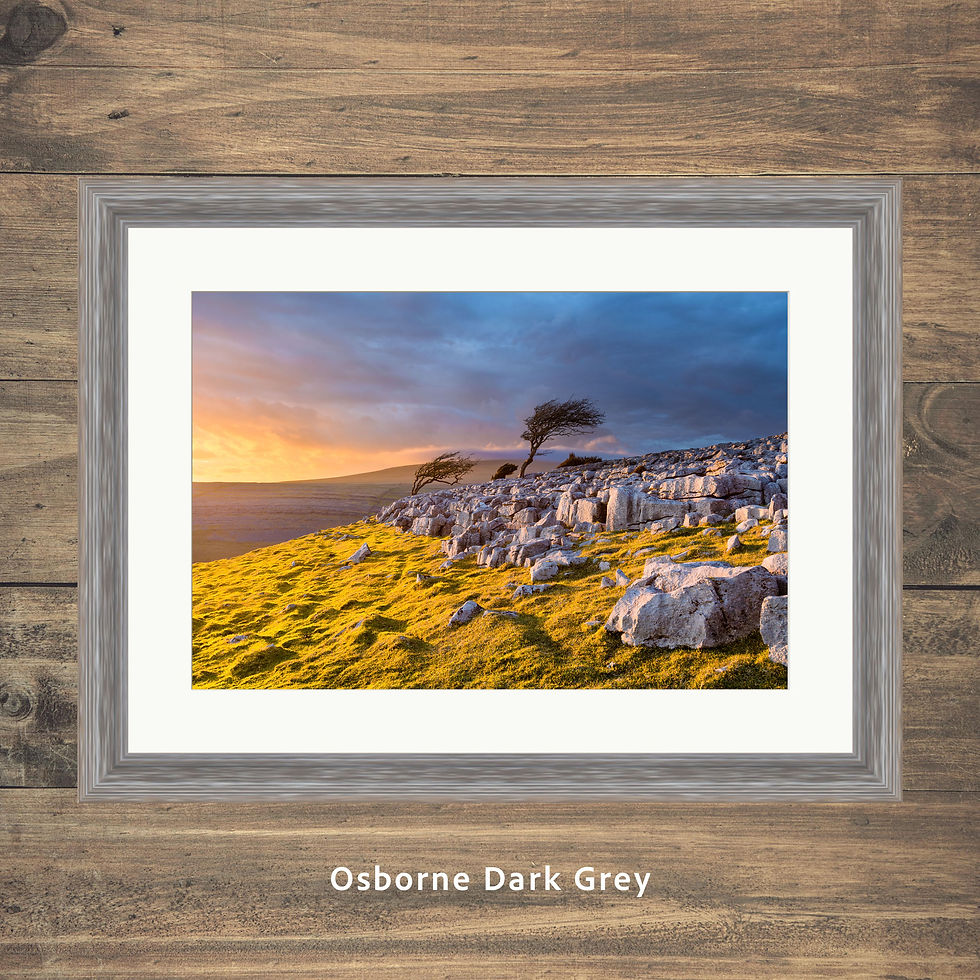 Thumbnail: Framed photography prints of a dramatic summer sunset over a limestone pavement at Twistleton Scar, Yorkshire Dales.