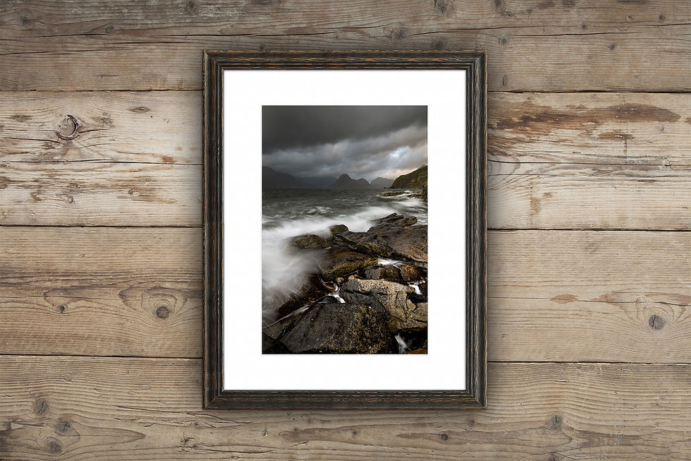 Framed photography prints of Elgol on The Isle of Skye coast with a view to The Cuillin mountains, Scotland, UK.