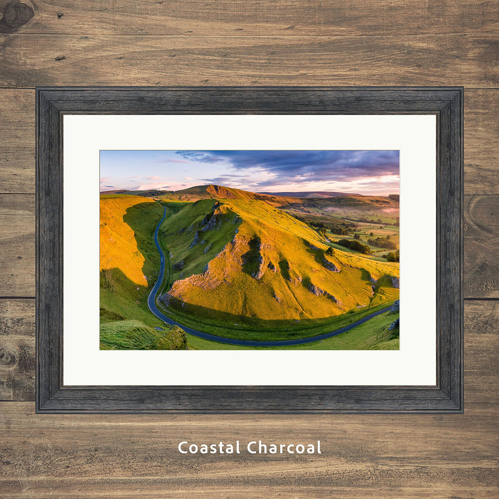 Thumbnail: Framed photography prints of golden morning light on Winnats Pass, with view of Mam Tor in The Peak District.