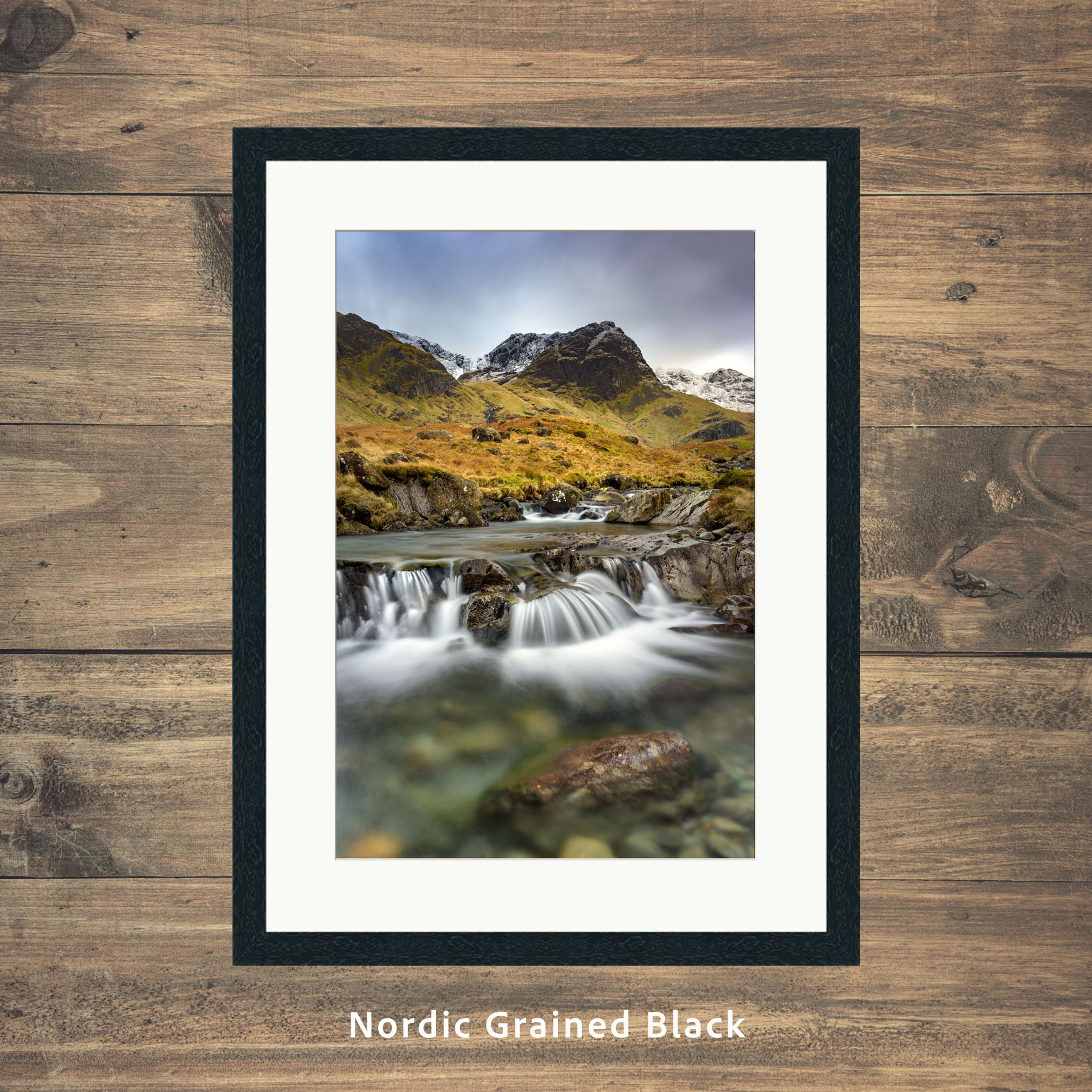 Framed picture prints of a dramatic view of a waterfall at Deepdale Beck, near Ullswater in The Lake District, UK.
