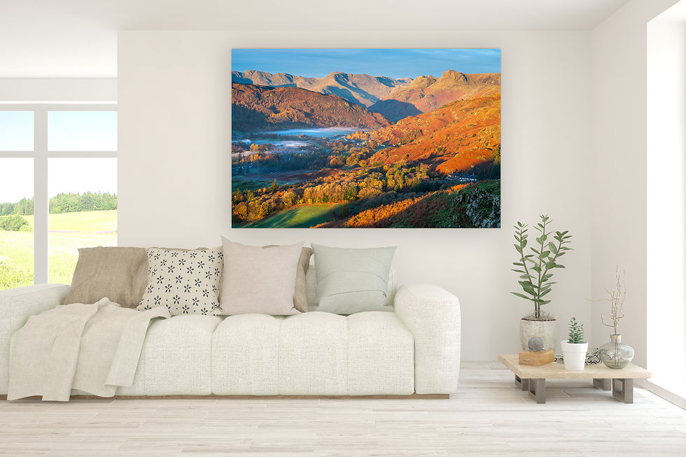 Thumbnail: Beautiful photography canvas prints of an Autumn misty morning looking into The Langdale Valley in The Lake District, UK.