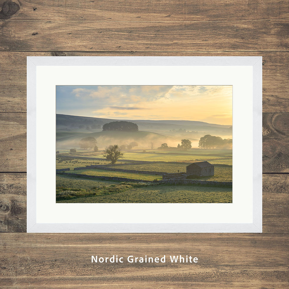 Thumbnail: Framed photography prints of an old stone barn on a misty morning in Wensleydale, Yorkshire Dales, UK.