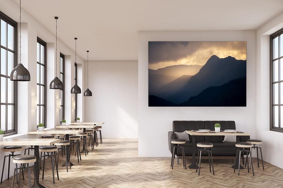 Thumbnail: Beautiful canvas prints of Lake District mountain range The Langdale Pikes with dramatic golden evening light and dark clouds