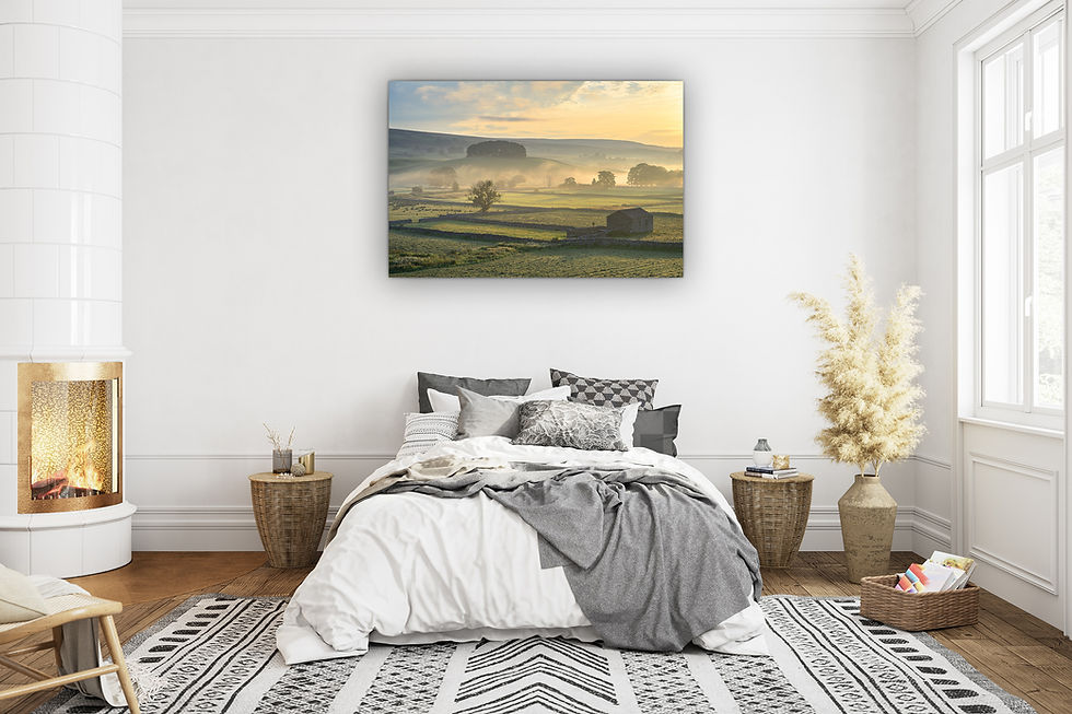 Thumbnail: Beautiful photography canvas prints of a barn on a misty summer morning in Wensleydale, Yorkshire Dales, UK.