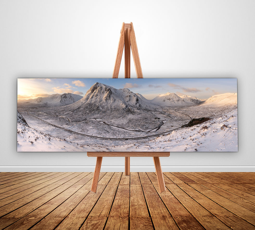 Panoramic canvas prints of a winter view of Buachaille Etive Mòr in Glencoe, Scotland, UK.