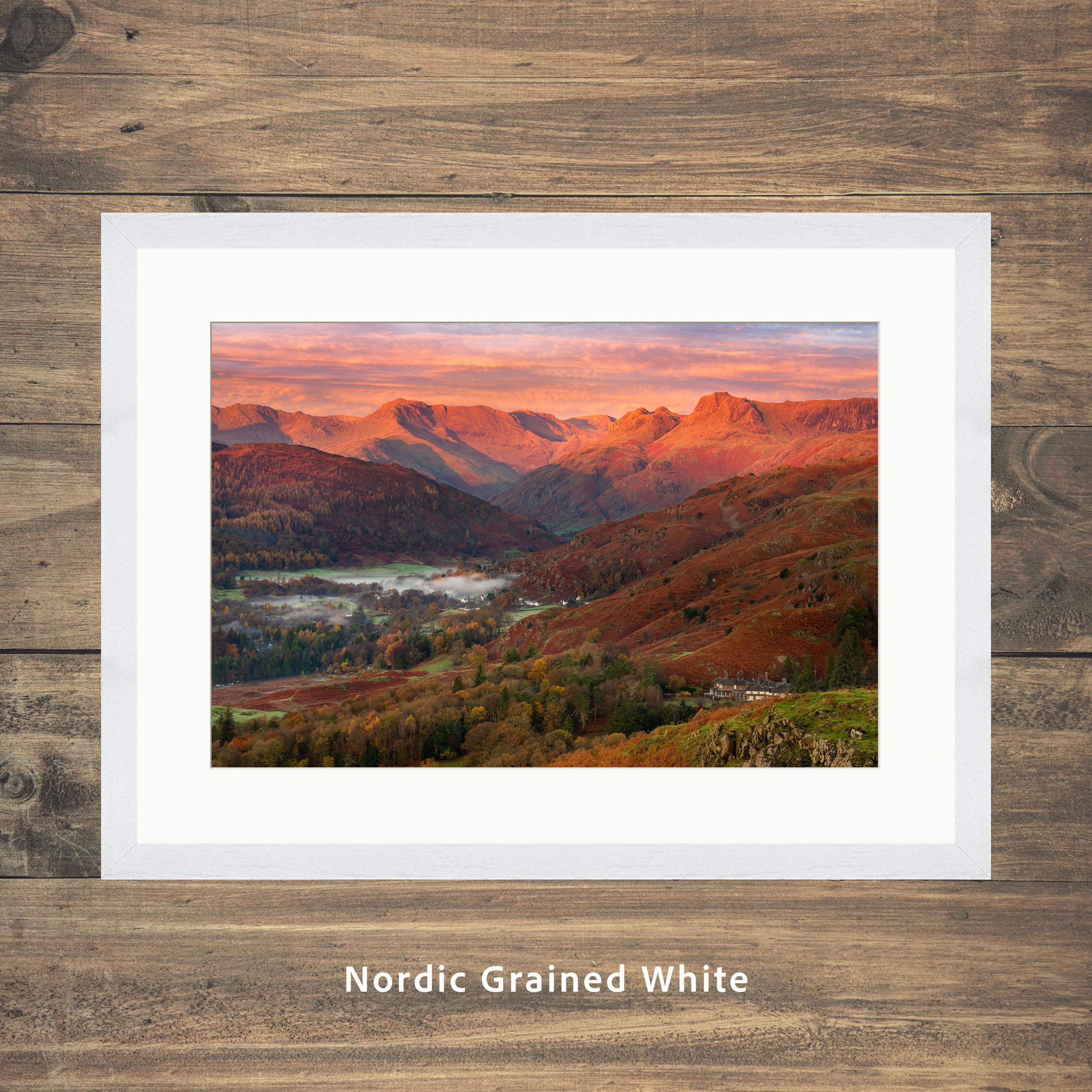 Framed photography picture prints of morning light on The Langdale Pikes mountains from Loughrigg, The Lake District, UK.