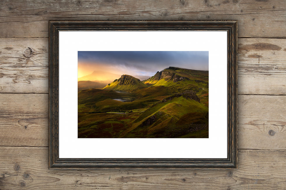 Framed photography prints of The Trotternish Ridge seen from The Quiraing on The Isle of Skye, Scotland, UK.