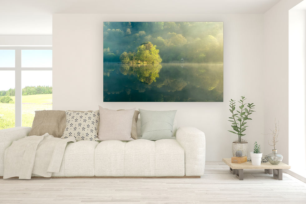 Thumbnail: Beautiful photography canvas prints of a misty spring morning at Rydal Water boathouse in The Lake District, UK.