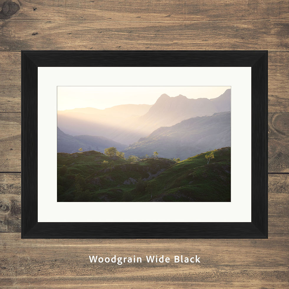 Thumbnail: Framed photography prints of a view of The Langdale Pikes with golden sunlight on a summer evening, seen from Tom Heights.