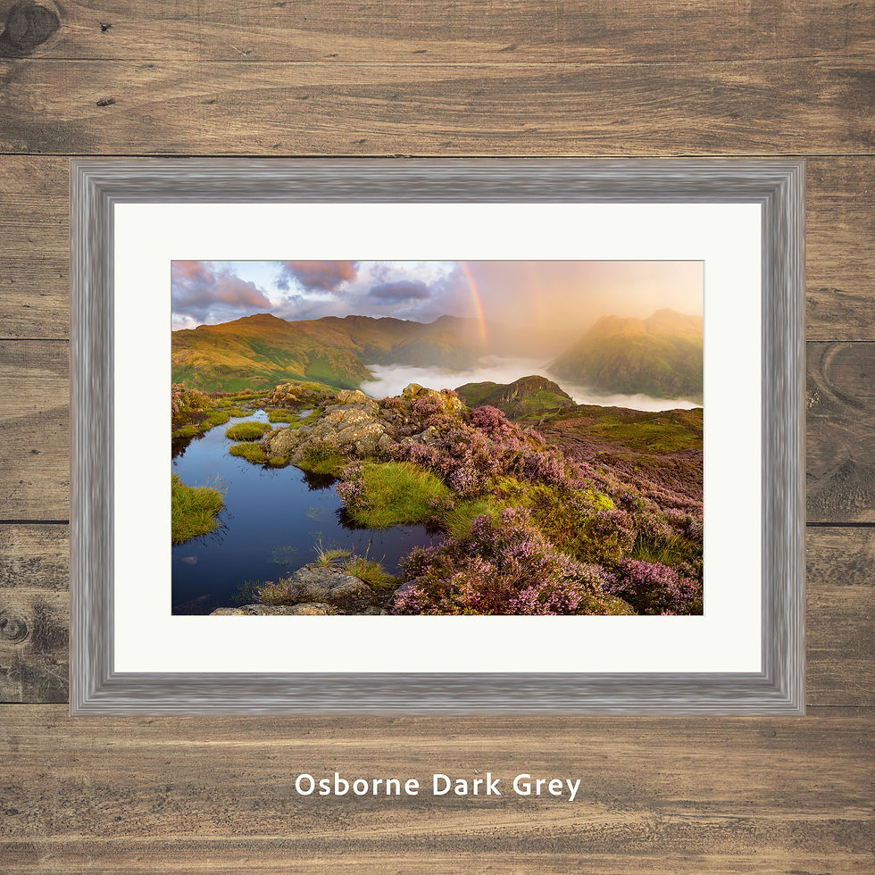 Thumbnail: Framed photography prints of a rainbow over the heather filled landscape of Lingmoor Fell & Langdale in The Lake District.