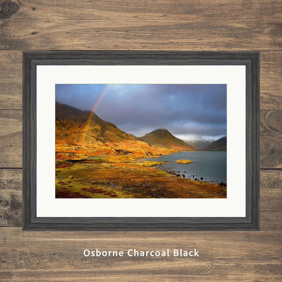 Thumbnail: Framed photography prints of a beautiful rainbow in the golden hour at Wastwater in The Lake District, UK.