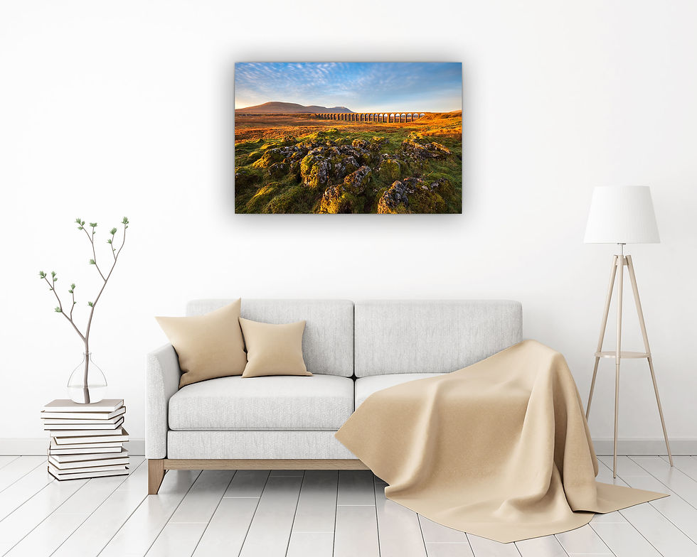 Thumbnail: Beautiful golden sunlight on a spring morning with a view of Ribblehead Viaduct and limestone rocks in The Yorkshire Dales.