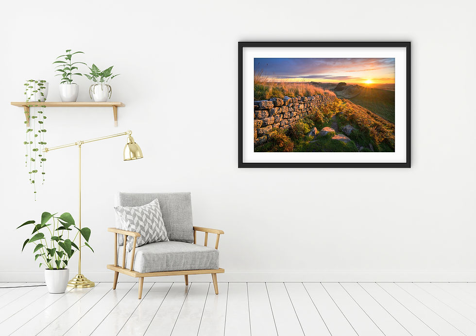 Thumbnail: Beautiful photography prints of a fiery golden sunrise seen from Cuddy's Crags, overlooking Hadrians Wall in Northumberland.